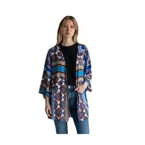 BOOHOO Kimono Open Front Tunic Top Multi-Color Floral Art Vacation UK 18 / US 14